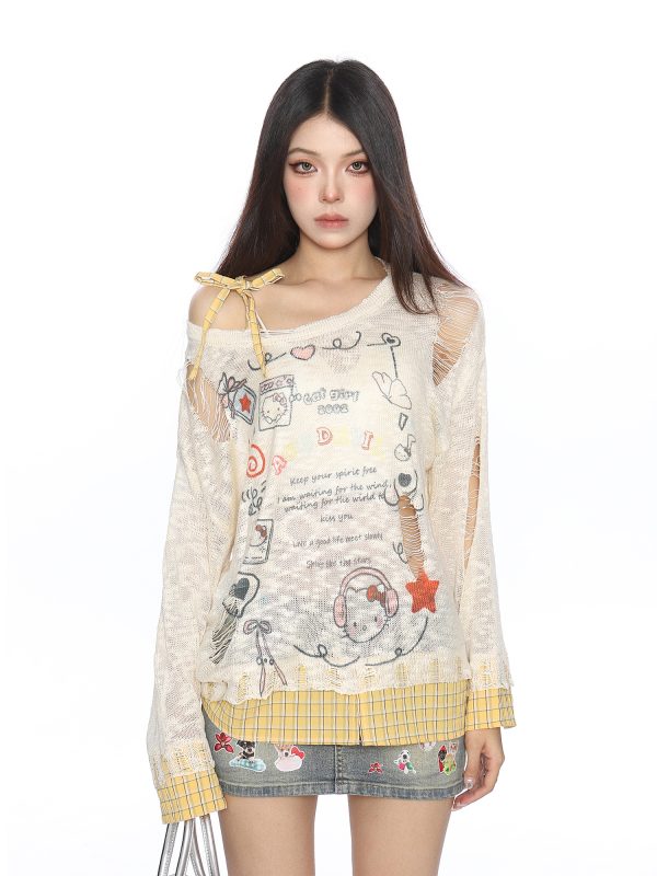 Sweet Dopamine Ripped Thin Long Sleeve T-Shirt for Women - Summer Breathable Tie Fake Two-Piece Top, Y2K Casual Style