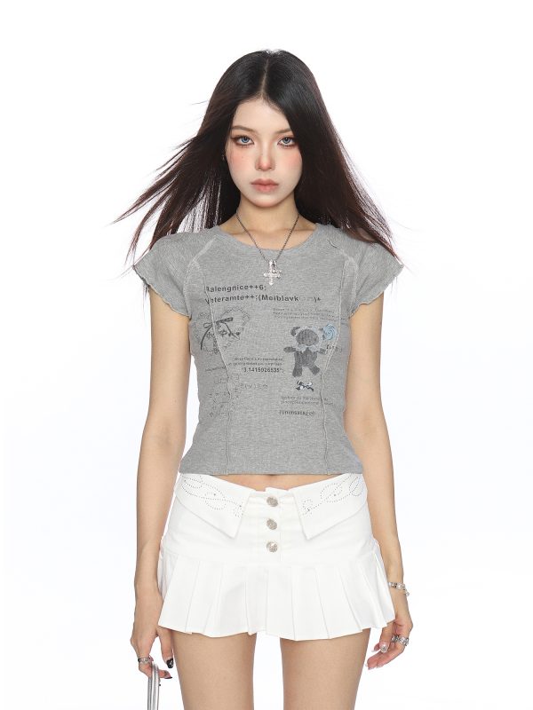Sweet Korean-Style Graffiti Flutter Sleeve Short Sleeve T-shirt for Women, Slimming Summer Top, Trendy Y2K Fashion