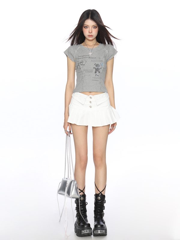 Sweet Korean-Style Graffiti Flutter Sleeve Short Sleeve T-shirt for Women, Slimming Summer Top, Trendy Y2K Fashion