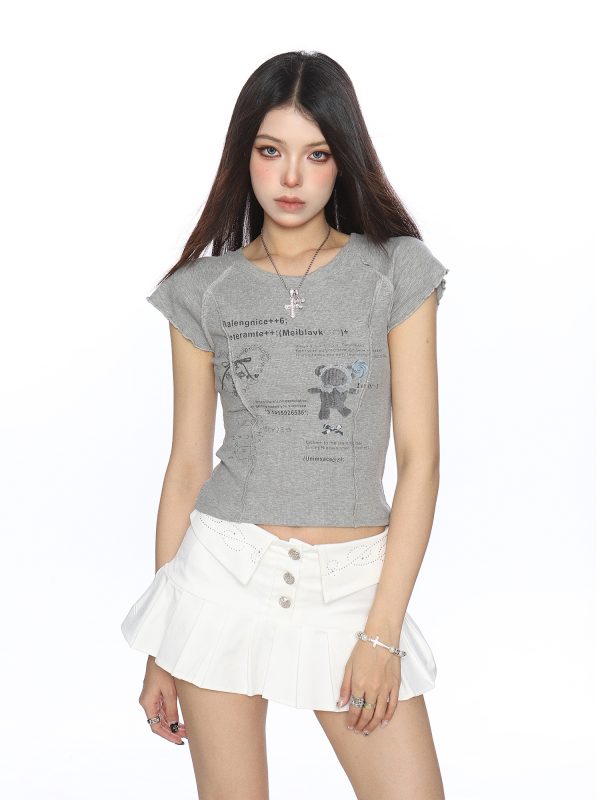 Sweet Korean-Style Graffiti Flutter Sleeve Short Sleeve T-shirt for Women, Slimming Summer Top, Trendy Y2K Fashion