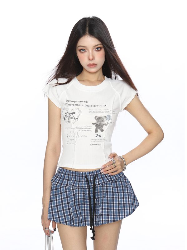 Sweet Korean-Style Graffiti Flutter Sleeve Short Sleeve T-shirt for Women, Slimming Summer Top, Trendy Y2K Fashion