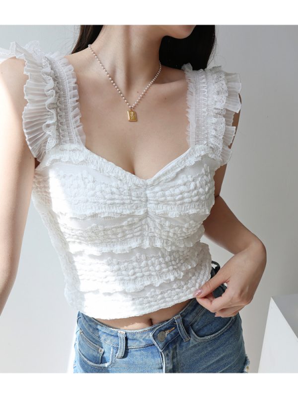 Sweet Lace Waist-Defining Flutter Sleeve Camisole Top - French Fairy Style, Slimming Design, Perfect for 90s and Y2K Fashion Lovers