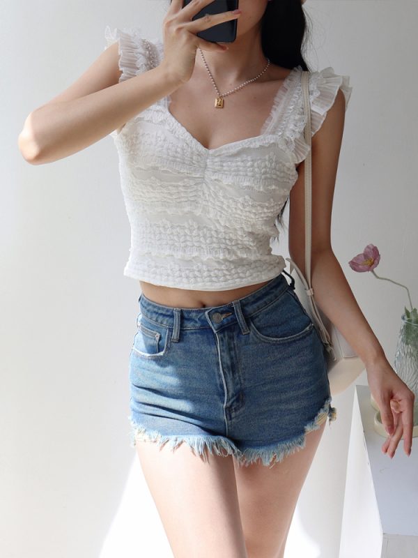 Sweet Lace Waist-Defining Flutter Sleeve Camisole Top - French Fairy Style, Slimming Design, Perfect for 90s and Y2K Fashion Lovers