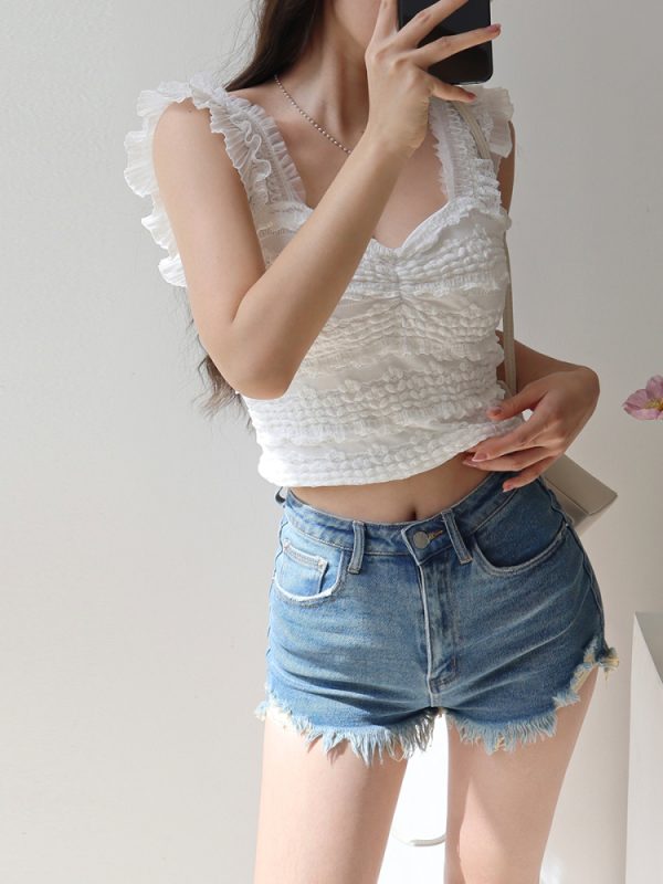 Sweet Lace Waist-Defining Flutter Sleeve Camisole Top - French Fairy Style, Slimming Design, Perfect for 90s and Y2K Fashion Lovers
