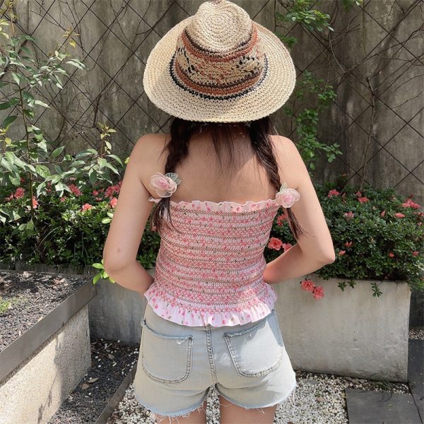 Sweet Pink Floral One-Shoulder Gathered Strapless Top - Handmade High-Elastic Vacation Style for Women