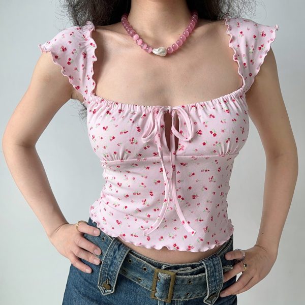 Sweet Pink Floral Square Neck Short Sleeve T-Shirt for Women - Slim Fit Y2K European American Style Summer Top