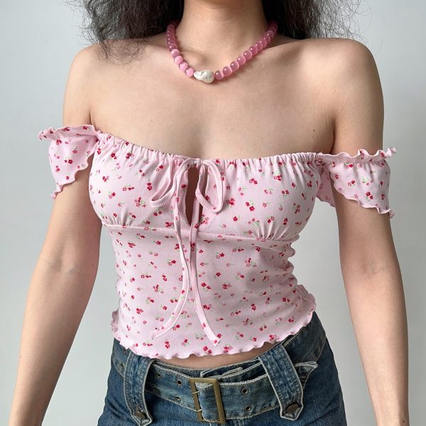 Sweet Pink Floral Square Neck Short Sleeve T-Shirt for Women - Slim Fit Y2K European American Style Summer Top