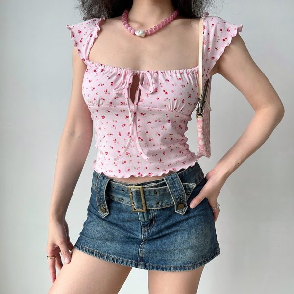 Sweet Pink Floral Square Neck Short Sleeve T-Shirt for Women - Slim Fit Y2K European American Style Summer Top