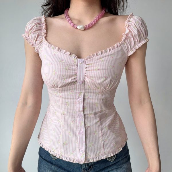 Sweet Pink Striped Square Neck Puff Sleeve Top - Women's Floral Short Sleeve Blouse - Y2K Inspired Fashion