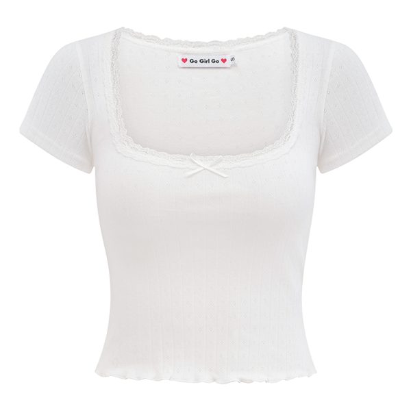 Sweet Ribbed Jacquard Short T-Shirt for Women - Summer Lace Trim Round Neck, Short Sleeves, European & American Style, 90s Inspired