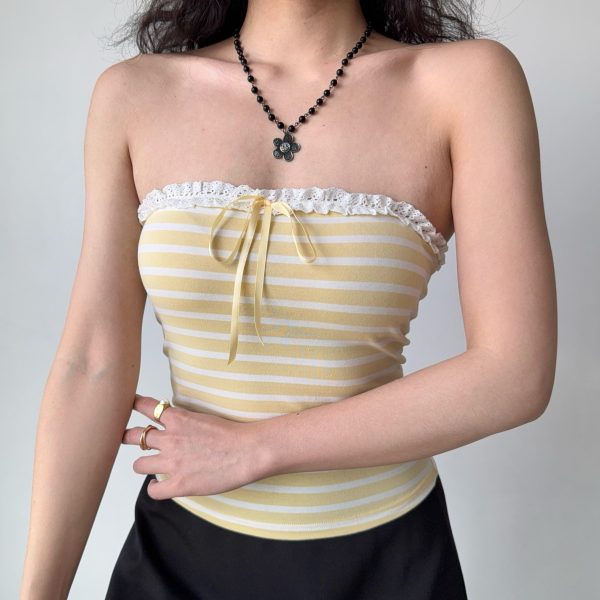 Sweet Spicy Hollow Lace Bow Strapless Slim Top - European American Style Striped Women's Fashion