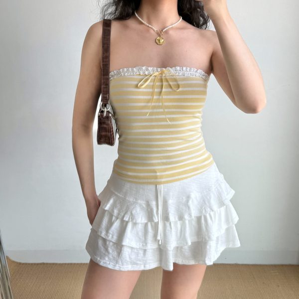 Sweet Spicy Hollow Lace Bow Strapless Slim Top - European American Style Striped Women's Fashion