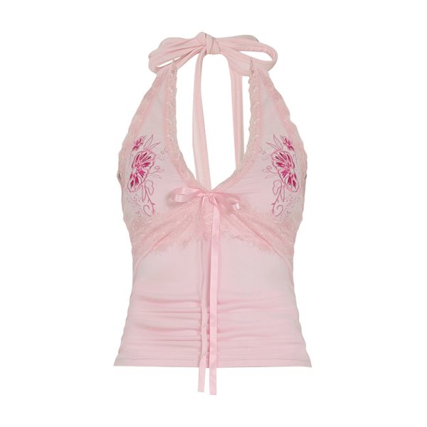 Sweetheart Embroidered Halter Pink Camisole - Backless Ruffled Tank Top for Women, Perfect for Music Festivals and Y2K Style