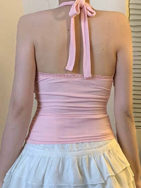 Sweetheart Embroidered Halter Pink Camisole - Backless Ruffled Tank Top for Women, Perfect for Music Festivals and Y2K Style
