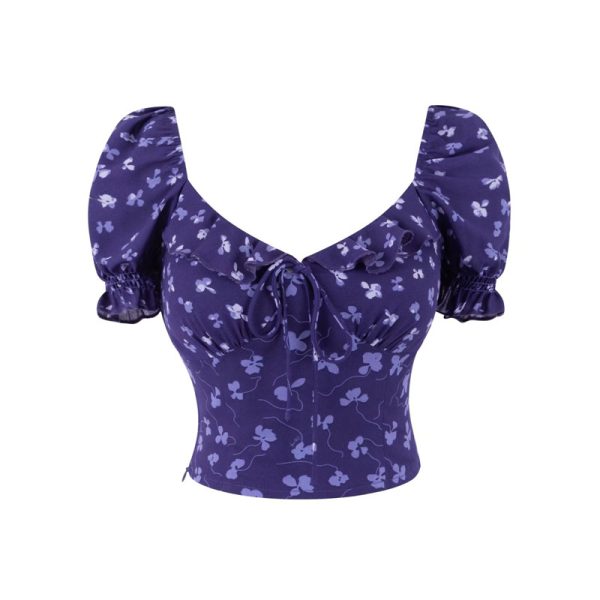 Thai-Style Handmade Spring/Summer 2025 French Ruffled Puff Sleeve Tie Short-Sleeve Shirt for Vacation