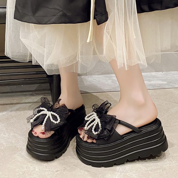 Thick-Soled Fairy-Style Pearl Slippers for Women - Summer 2025 Platform Sandals with 8cm Height Increase, Perfect for Skirts and Outdoor Wear