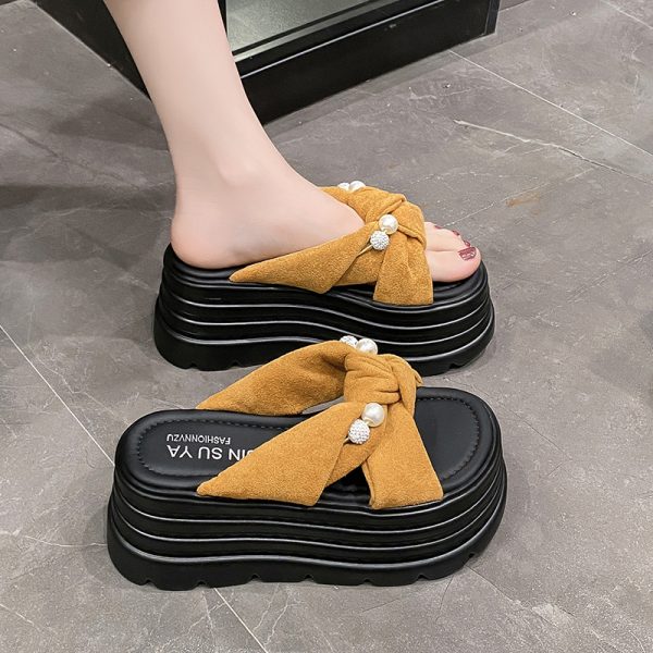 Thick-Soled Pearl Sandals for Women - Summer Bowknot Outdoor Style, High-End Feel, Perfect for Skirts and Short Stature
