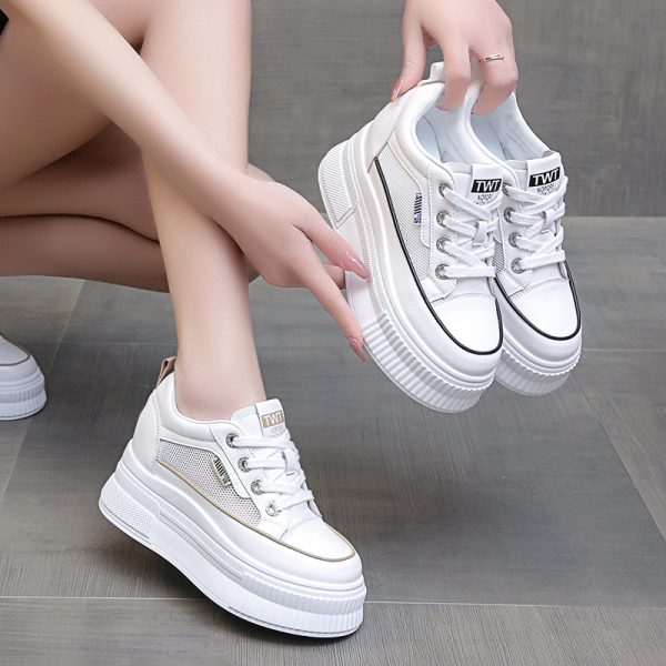 Thick-Soled White Sneakers for Women - 2023 Versatile Platform Shoes, Breathable Mesh Casual Sneakers