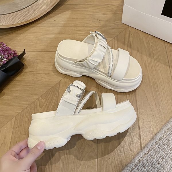 Thick-Soled White Toe-Post Sandals for Women - 2025 Summer Fairy Style Height-Increasing Beach Slippers, Size 34