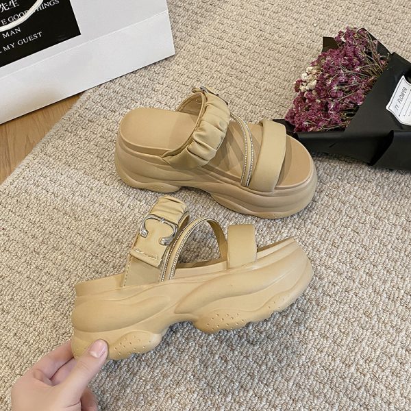 Thick-Soled White Toe-Post Sandals for Women - 2025 Summer Fairy Style Height-Increasing Beach Slippers, Size 34