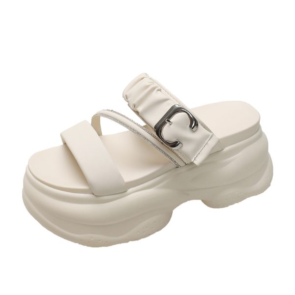 Thick-Soled White Toe-Post Sandals for Women - 2025 Summer Fairy Style Height-Increasing Beach Slippers, Size 34