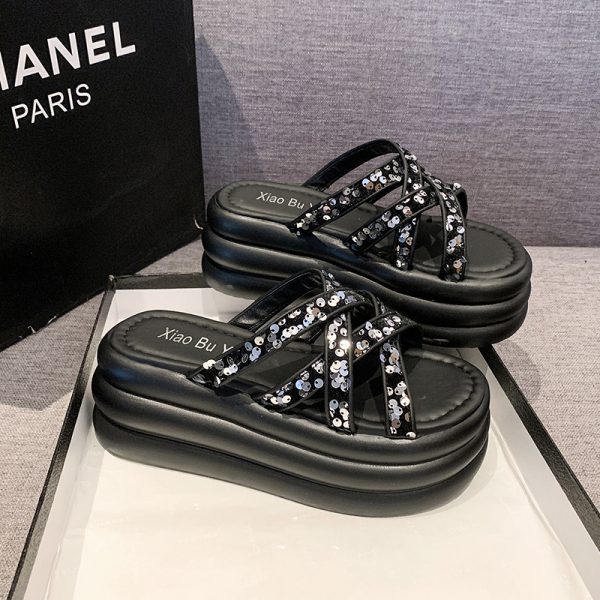 Thick-Soled Women's Rhinestone Slide Sandals - Versatile Outdoor Footwear for Summer 2025 with Comfort Fit
