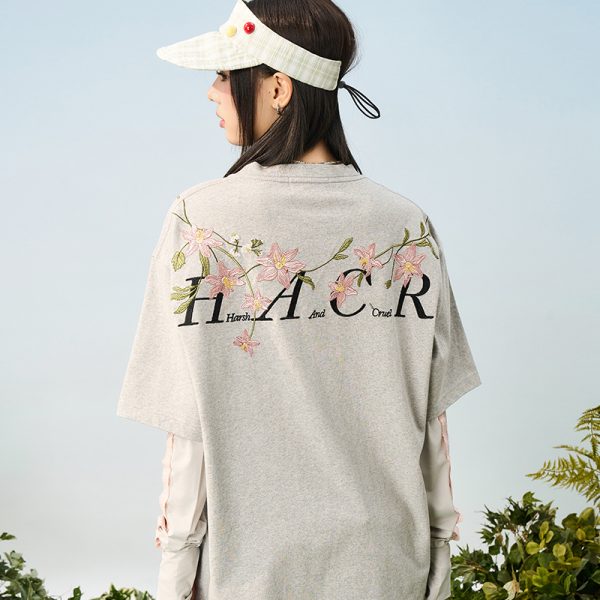 Thousand Needle Embroidery Monet Garden Series Versatile Loose Trendy Short Sleeve T-Shirt - Floral Print, Casual Style, Y2K Fashion