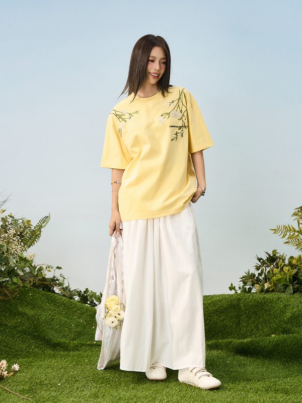 Thousand Needle Embroidery Monet Garden Series Versatile Loose Trendy Short Sleeve T-Shirt - Floral Print, Casual Style, Y2K Fashion
