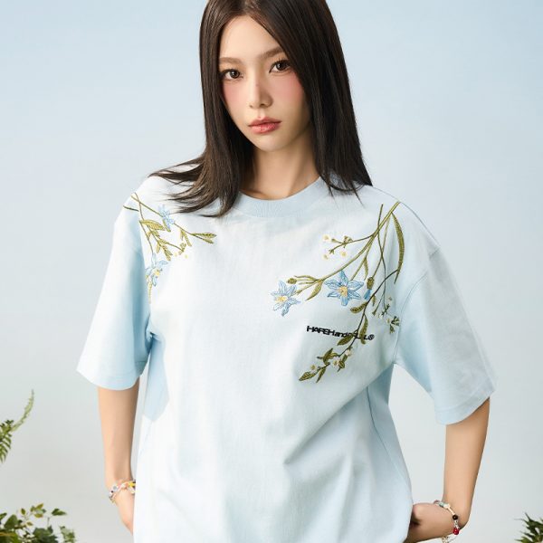 Thousand Needle Embroidery Monet Garden Series Versatile Loose Trendy Short Sleeve T-Shirt - Floral Print, Casual Style, Y2K Fashion