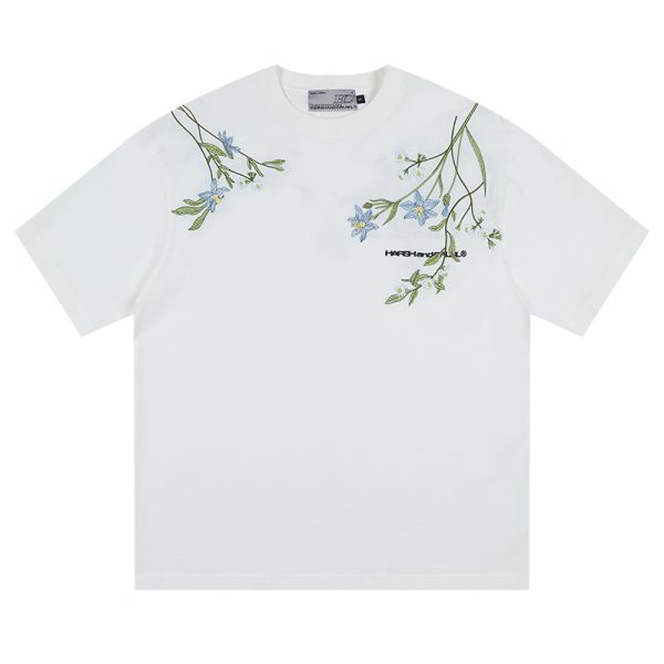 Thousand Needle Embroidery Monet Garden Series Versatile Loose Trendy Short Sleeve T-Shirt - Floral Print, Casual Style, Y2K Fashion