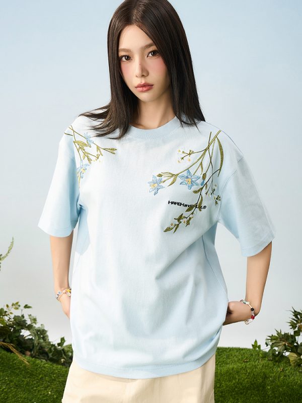 Thousand Needle Embroidery Monet Garden Series Versatile Loose Trendy Short Sleeve T-Shirt - Floral Print, Casual Style, Y2K Fashion