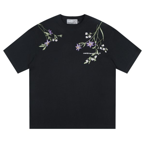 Thousand Needle Embroidery Monet Garden Series Versatile Loose Trendy Short Sleeve T-Shirt - Floral Print, Casual Style, Y2K Fashion