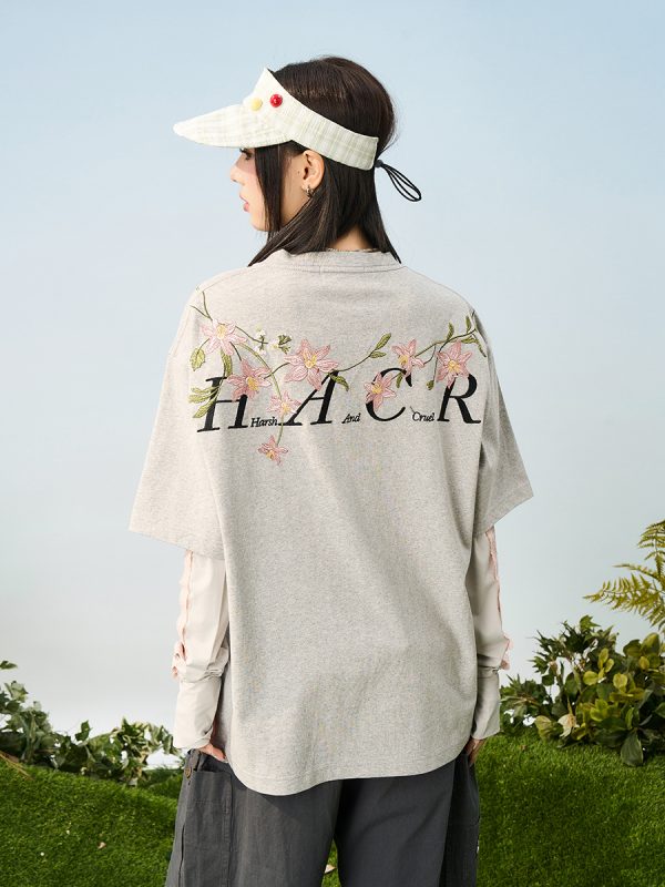 Thousand Needle Embroidery Monet Garden Series Versatile Loose Trendy Short Sleeve T-Shirt - Floral Print, Casual Style, Y2K Fashion