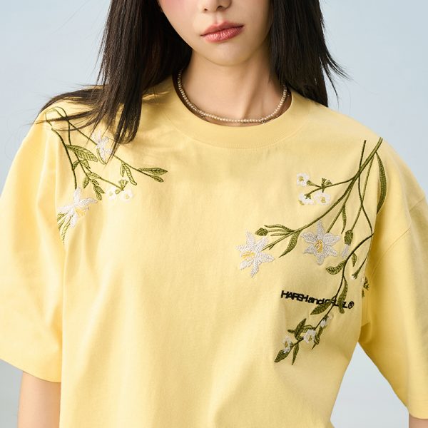Thousand Needle Embroidery Monet Garden Series Versatile Loose Trendy Short Sleeve T-Shirt - Floral Print, Casual Style, Y2K Fashion