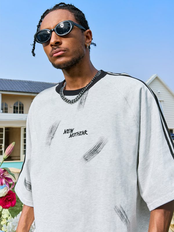 Three Stripes Letter Sports Leisure Short Sleeve T-Shirt - Vintage Loose Fit Unisex Style, 2025 Trendy Look