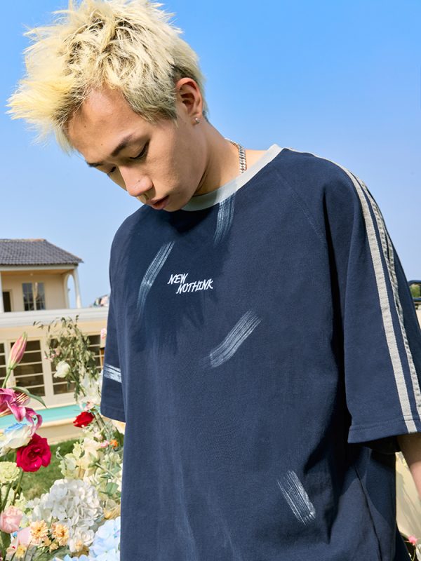 Three Stripes Letter Sports Leisure Short Sleeve T-Shirt - Vintage Loose Fit Unisex Style, 2025 Trendy Look