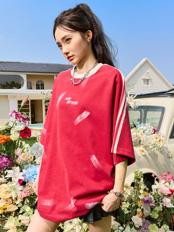 Three Stripes Letter Sports Leisure Short Sleeve T-Shirt - Vintage Loose Fit Unisex Style, 2025 Trendy Look