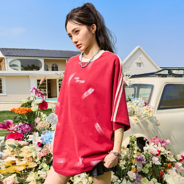 Three Stripes Letter Sports Leisure Short Sleeve T-Shirt - Vintage Loose Fit Unisex Style, 2025 Trendy Look