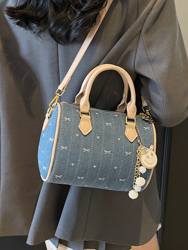 Trendy 2025 Summer Boston Bag - Casual Shoulder Bag with Bow Print, Small Design, Perfect for Y2K and Korean Style Fashion