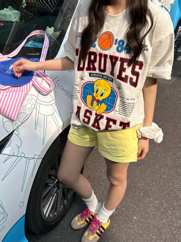 Trendy American Bird Basketball Letter Print Short Sleeve T-Shirt for Couples - Spring Summer Style, Casual Y2K Vibe