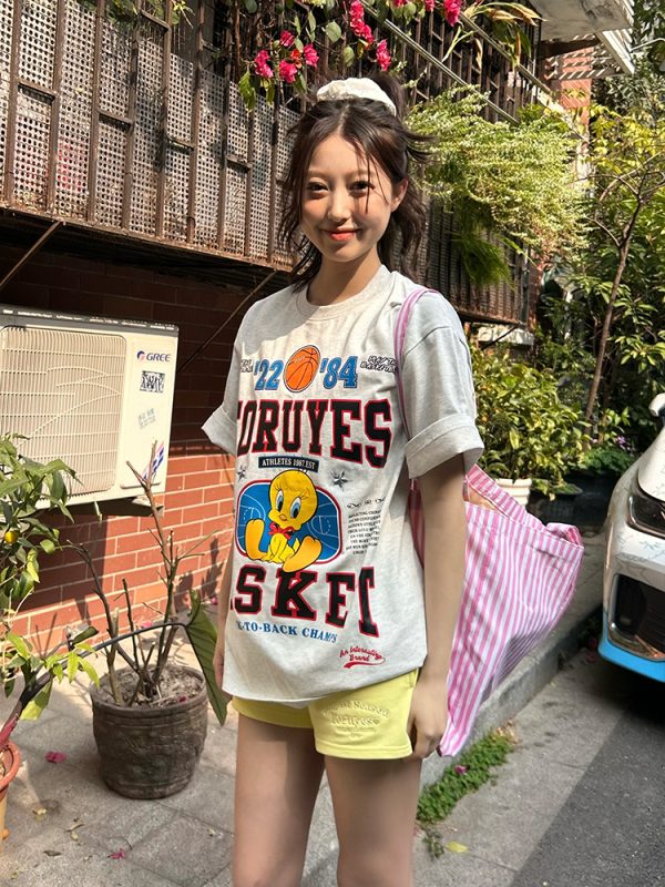 Trendy American Bird Basketball Letter Print Short Sleeve T-Shirt for Couples - Spring Summer Style, Casual Y2K Vibe
