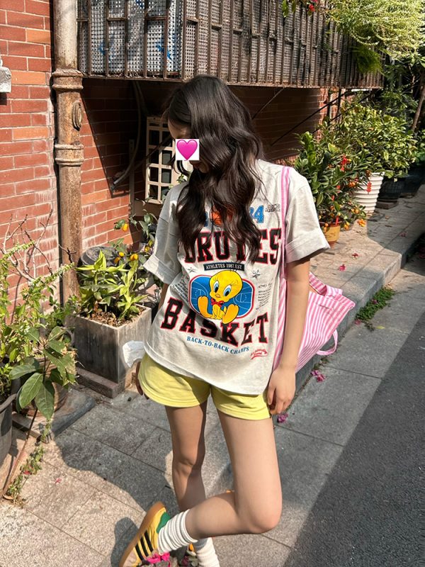 Trendy American Bird Basketball Letter Print Short Sleeve T-Shirt for Couples - Spring Summer Style, Casual Y2K Vibe