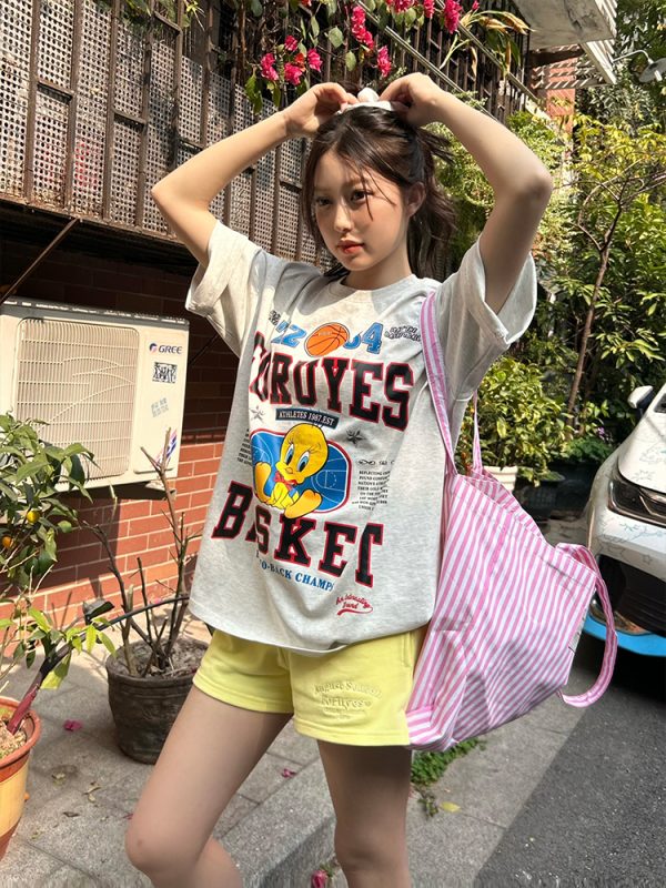 Trendy American Bird Basketball Letter Print Short Sleeve T-Shirt for Couples - Spring Summer Style, Casual Y2K Vibe