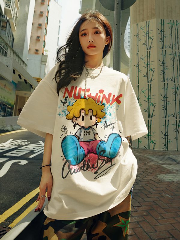 Trendy American Cartoon T-Shirt for Men, Loose Fit Short Sleeve Summer Top, Plus Size Casual Couple Wear
