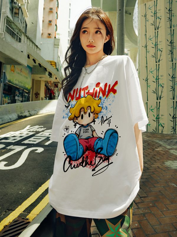 Trendy American Cartoon T-Shirt for Men, Loose Fit Short Sleeve Summer Top, Plus Size Casual Couple Wear