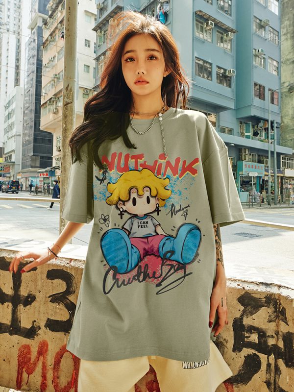 Trendy American Cartoon T-Shirt for Men, Loose Fit Short Sleeve Summer Top, Plus Size Casual Couple Wear