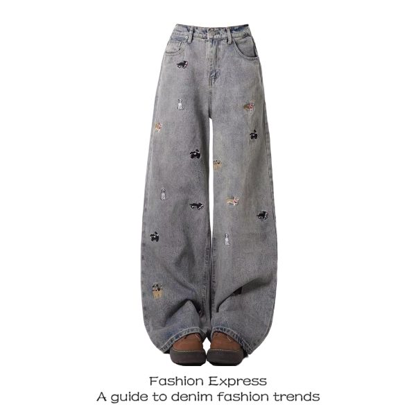 Trendy American Retro High-Waisted Distressed Denim Pants for Women - Fun Dog Embroidery, Slimming Straight-Leg Style
