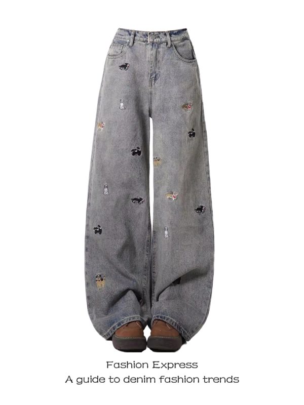 Trendy American Retro High-Waisted Distressed Denim Pants for Women - Fun Dog Embroidery, Slimming Straight-Leg Style