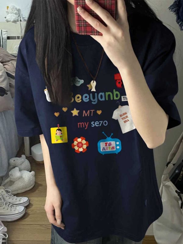 Trendy American Retro Pure Cotton Short-Sleeve T-Shirt for Men and Women - Plus Size Loose Fit Couple Outfit Top