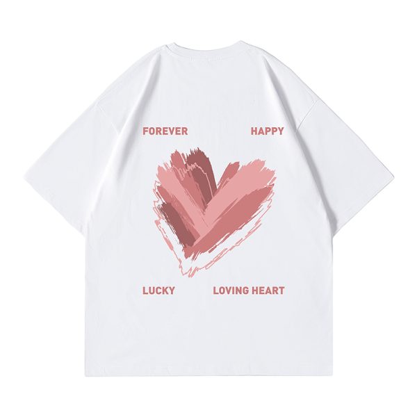 Trendy American Streetwear Heart Short Sleeve T-Shirt for Men, Oversized Loose Fit Couple's Tee, Fashionable Casual Style